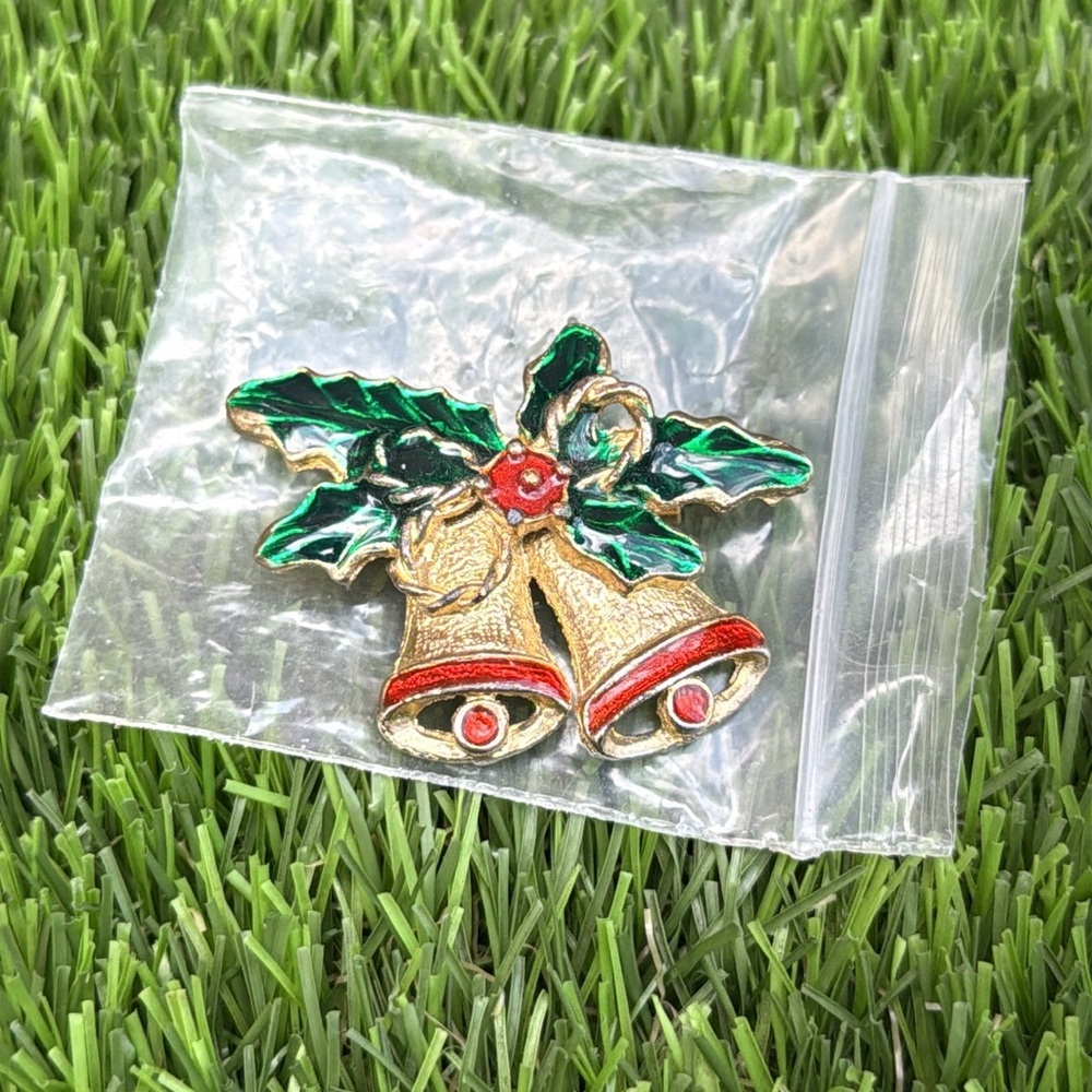 Festive Bell and Holly Brooch